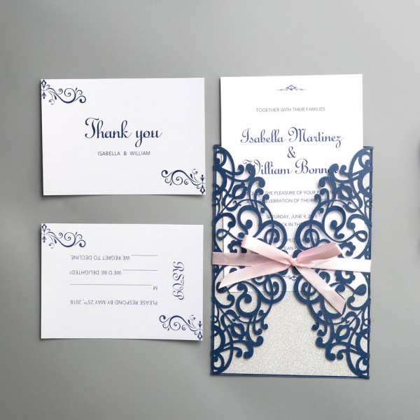 Silvery Laser Cut Wedding Invitation Blue Ribbons Blank With - Temu