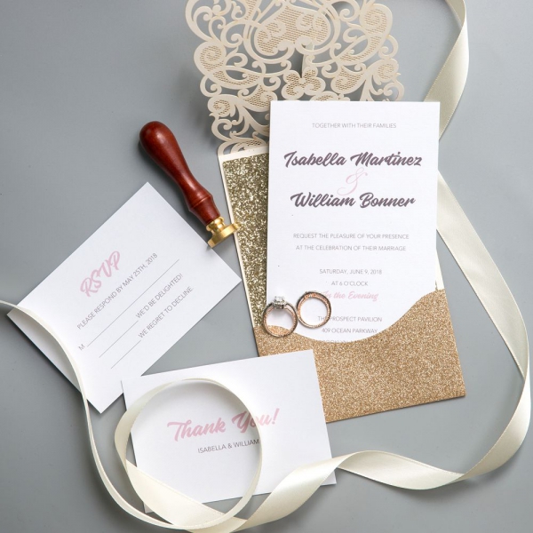 Gold Shimmer Laser Cut Wedding Invitations Vintage Fall Wedding