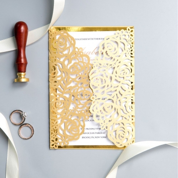Gold Foil Textured laser Cut Wedding Invitations, Luxurious Weddings, Cheap Wedding Invites, Classic, Fall, Winter, Spring WS024