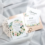 Rustic Rose Gold Blush Pink Glittery Laser Cut Wedding Invitations with Green and Blush Florals WS027