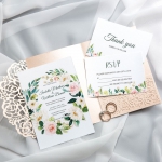 Rustic Rose Gold Blush Pink Glittery Laser Cut Wedding Invitations with Green and Blush Florals WS027