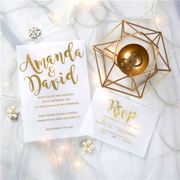 luxury modern custom foil wedding invitation suites on vellum paper,  transparent wedding invitations VIP001