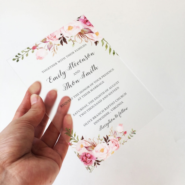 Clear Acrylic Wedding Invitation with Floral Liner and Blush Colors — Sofia  Invitations and Prints