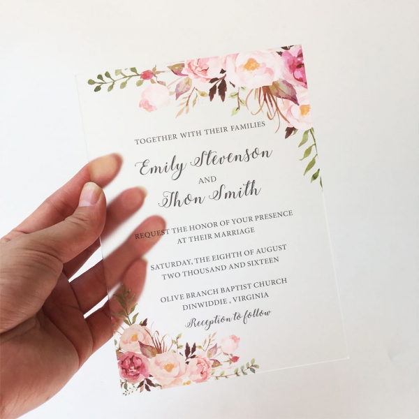 Clear Acrylic Wedding Invitation with Floral Liner and Blush Colors — Sofia  Invitations and Prints