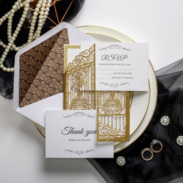 Gold shimmer laser cut gate wedding invitations WS035