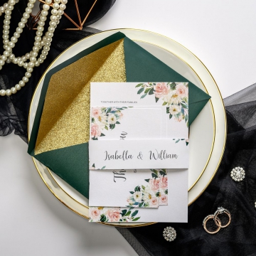 Watercolor floral wedding invitations with belly band, emerald envelops with gold glitter lining, emerald green wedding invitations, luxury wedding invitations classic, custom wedding invitations affordable, rsvp cards, thank you cards ws038