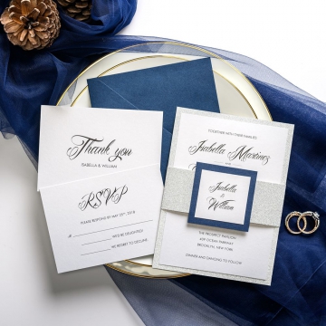Navy blue and silver wedding invitations, belly band and tag, traditional, formal weddings, thank you cards, rsvps, fall, winter, spring, affordable wedding invitations ws040