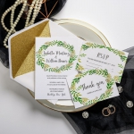 Vellum wedding invitations with greenery wreath, gold glitter backer, custom chic tag, spring and summer, thank you & rsvp cards ws044