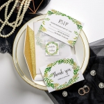 Vellum wedding invitations with greenery wreath, gold glitter backer, custom chic tag, spring and summer, thank you & rsvp cards ws044