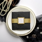  Black and gold pocket wedding invitations with belly band and tag, laser cut wedding invitations, traditional formal vintage classic, fall and winter,  thank you & rsvp cards ws048