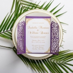 Violet purple entry door  laser cut wedding invitations, vellum belly band with tag, art deco design, thank you & rsvp cards ws049