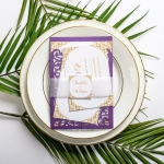 Violet purple entry door  laser cut wedding invitations, vellum belly band with tag, art deco design, thank you & rsvp cards ws049