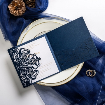 Navy blue laser cut wedding invitations, pocket wedding invitations ws047