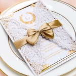 Ivory White Laser Cut Wedding Invitations with Gold Ribbon, Foil Invites, Elegant Fall Wedding Invitations, Vintage Wedding Invitations, Monogram, Gold Mirror WS051