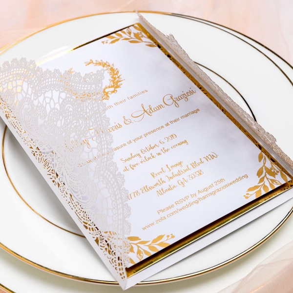 Ivory White Laser Cut Wedding Invitations With Gold Ribbon Foil
