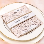 Blush Pink Elegant Laser Cut Wedding Invitations, White Belly Band, Spring Summer Blush Pink Wedding Colors, Gold Glitter, Champagne Gold, Vintage, Classic, Square WS059