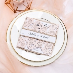 Blush Pink Elegant Laser Cut Wedding Invitations, White Belly Band, Spring Summer Blush Pink Wedding Colors, Gold Glitter, Champagne Gold, Vintage, Classic, Square WS059