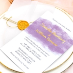 Vellum transparent wedding invitations with gold wax seal and shimmer twine, Mauve purple watercolor invites for summer, Gold foil, Spring wedding, affordable wedding invitations, Marble envelope WS061