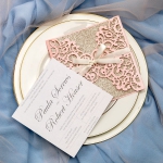 Romantic blush pink laser cut wedding invitations with ivory ribbon and gold glitter backer, elegant invites, champagne gold, luxurious, fall, spring, square WS066