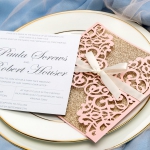 Romantic blush pink laser cut wedding invitations with ivory ribbon and gold glitter backer, elegant invites, champagne gold, luxurious, fall, spring, square WS066