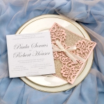 Romantic blush pink laser cut wedding invitations with ivory ribbon and gold glitter backer, elegant invites, champagne gold, luxurious, fall, spring, square WS066