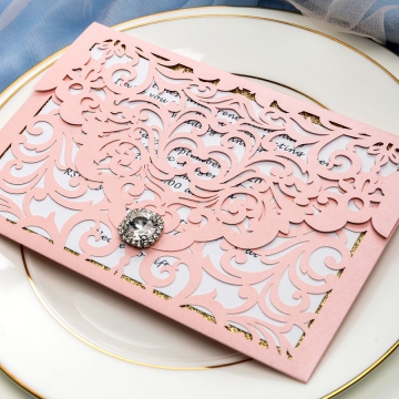 Blush Pink pocket wedding invitations with diamante WS067