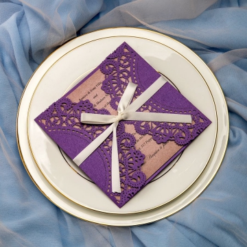 Rustic purple laser cut wedding invitations with ivory ribbon WS070