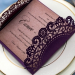 Rustic purple wedding invitations with ivory ribbon, laser cut, elegant wedding invitations, bridal shower invitations, cheap wedding invitations, Kraft paper, country WS070