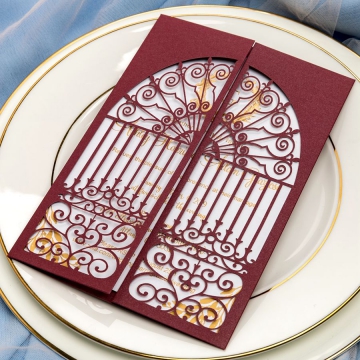 Vintage burgundy gate wedding invites, classic laser cut, gold foil invites, fall, winter, royal wedding invites, monogram, elegant invites WS071