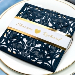 Classic navy blue laser cut wedding invitations, white and golden mirror belt, square, gold foil, shower cards, anniversary, custom stationary, spring/fall/winter WS072