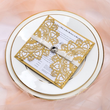 Luxurious gold laser cut wedding invitations with diamante and silky ribbon WS075