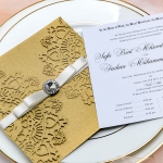 Elegant luxurious gold wedding invitations with diamante and silky ribbon, laser cut wedding invitations, affordable invites, vintage wedding invites, custom invites, square WS075