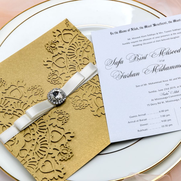Elegant Luxurious Gold Wedding Invitations With Diamante And Silky