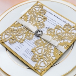 Elegant luxurious gold wedding invitations with diamante and silky ribbon, laser cut wedding invitations, affordable invites, vintage wedding invites, custom invites, square WS075