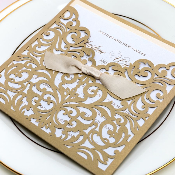 Cute And Elegant Gold Laser Cut Wedding Invitations With Ivory