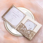 Classic champagne gold glitter laser cut wedding invitations, fall wedding invitations, pocket invitations, elegant wedding invitations, RSVP cards WS079