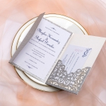 Elegant Silver Pocket Wedding Invitations, Laser Cut Invites with Navy Blue Ribbon, Fall/Winter Wedding, Royal Wedding, Classic Vintage, Silver lining WS083