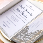 Elegant Silver Pocket Wedding Invitations, Laser Cut Invites with Navy Blue Ribbon, Fall/Winter Wedding, Royal Wedding, Classic Vintage, Silver lining WS083