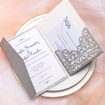 Elegant Silver Pocket Wedding Invitations, Laser Cut Invites with Navy Blue Ribbon, Fall/Winter Wedding, Royal Wedding, Classic Vintage, Silver lining WS083