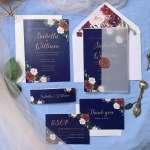 Navy blue and burgundy floral wedding invitations, watercolor wedding invitations, spring, fall, winter, vellum invites 