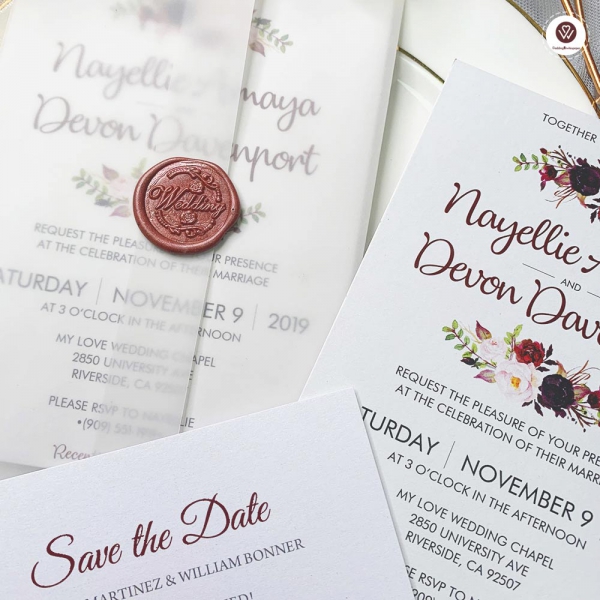 Burgundy, Blush Gold Wax Seal Vellum Wrap Jacket with Gold Wax Seal for DIY  Wedding Invitation - Cotton Willow Design Co.