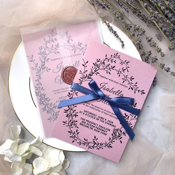 Elegant mauve and navy vellum wedding invitations with wax seal WS094