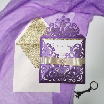 Purple and gold laser cut invitation, belly band with pearls, elegant wedding invitation, classic WS098