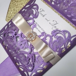 Purple and gold laser cut invitation, belly band with pearls, elegant wedding invitation, classic WS098