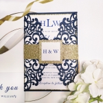 Navy blue and gold laser cut wedding invitations, classic, romantic, spring fall and winter WS102