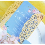 Yellow and dusty blue laser cut wedding invitation, elegant wedding invite, beach wedding, summer wedding, spring WS106