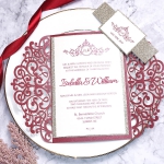 Classic burgundy and gold laser cut wedding invitation, monogram, elegant, spring, fall WS108 