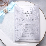 Silver and white laser cut invitation, turquoise ribbon, spring and summer, winter, wonderland, whimsical 