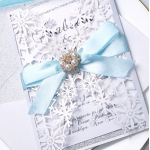 Silver and white laser cut invitation, turquoise ribbon, spring and summer, winter, wonderland, whimsical 