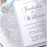 Silver and white laser cut invitation, turquoise ribbon, spring and summer, winter, wonderland, whimsical 